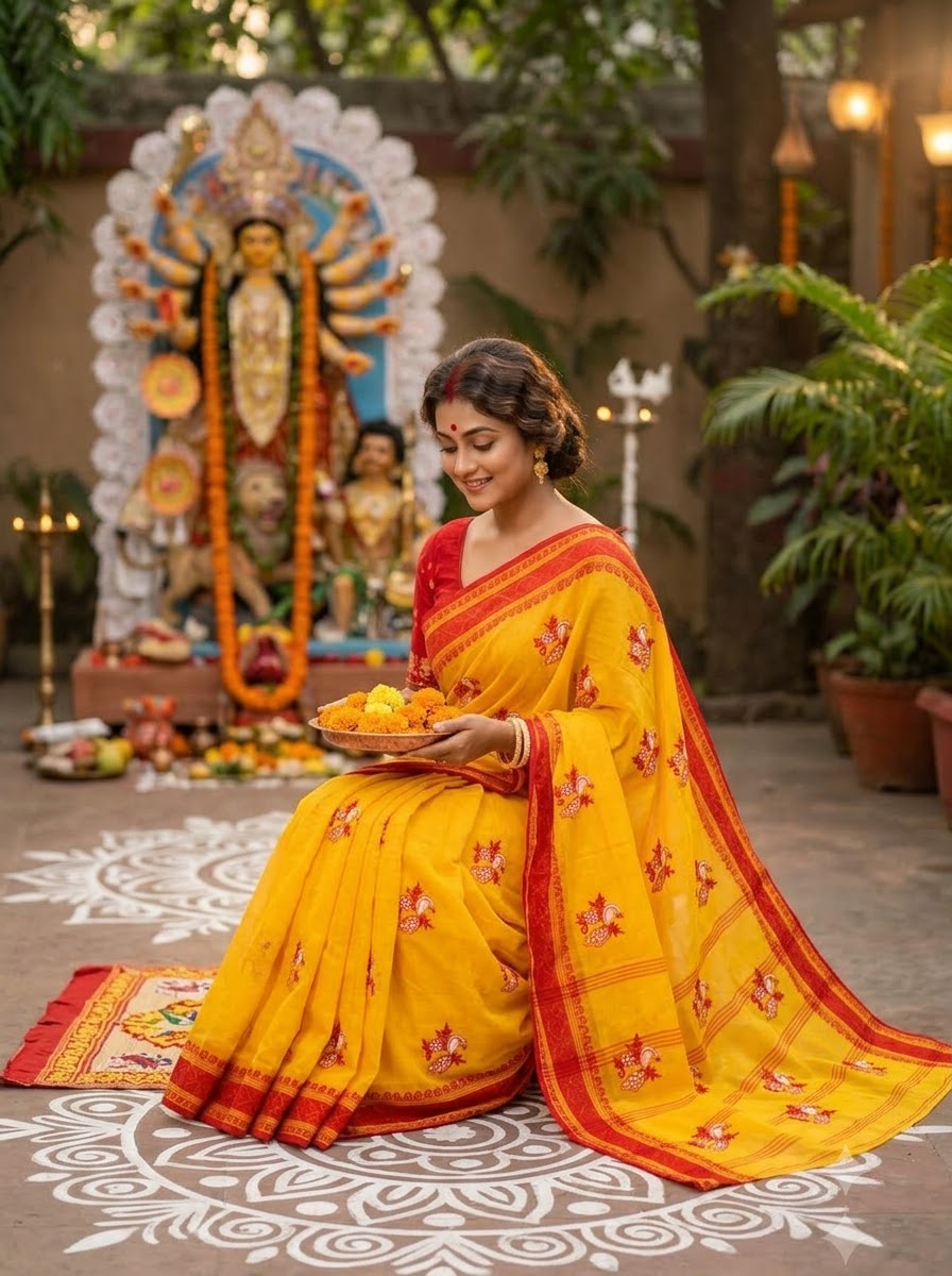 Ashtami Tangail Tant Cotton Saree (Peacock Embroidery)