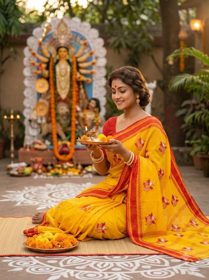 Ashtami Tangail Tant Cotton Saree (Peacock Embroidery)
