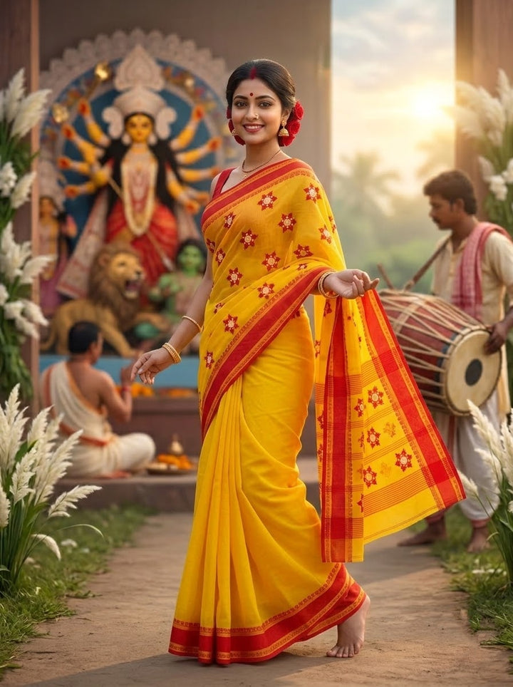 Ashtami Tangail Tant Cotton Saree (Snow flakes Embroidery)