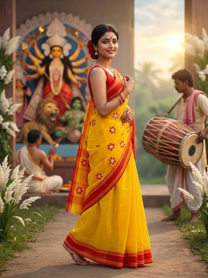 Ashtami Tangail Tant Cotton Saree (Snow flakes Embroidery)