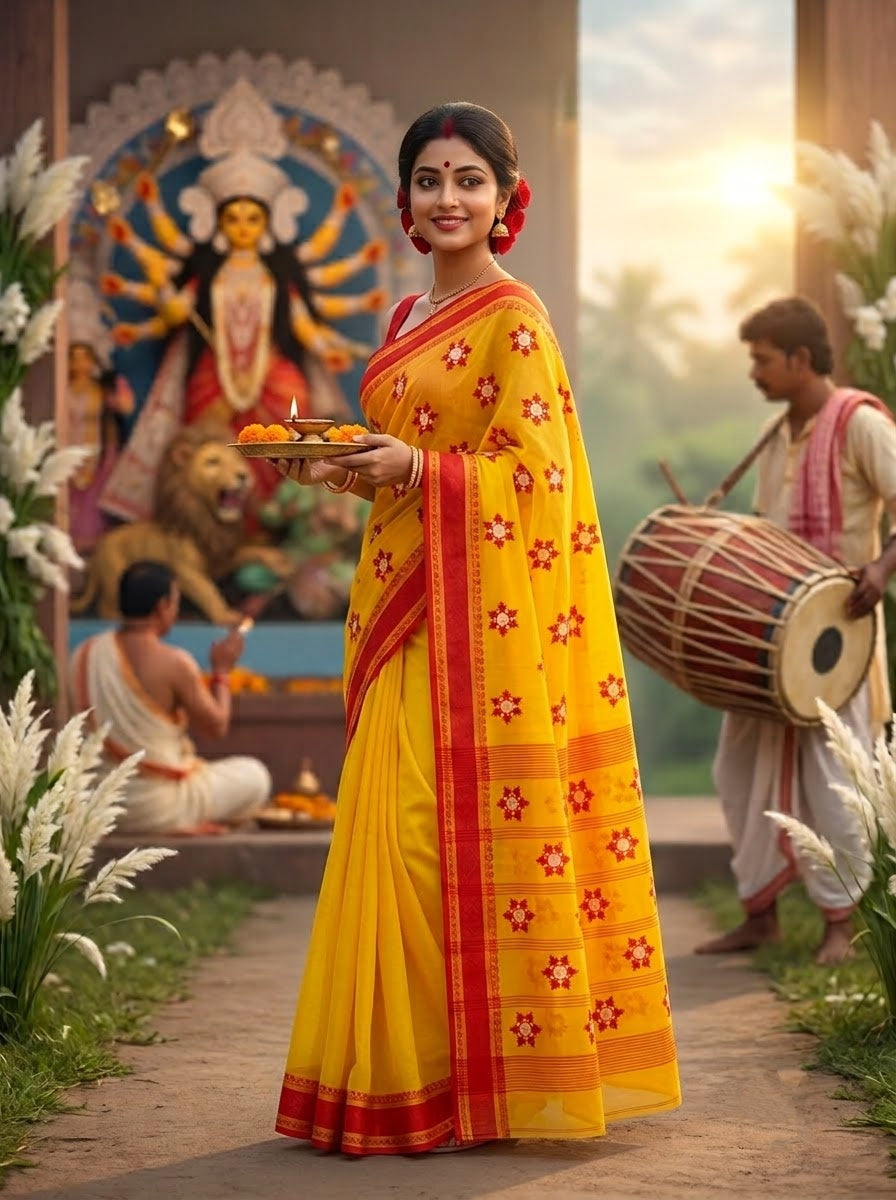 Ashtami Tangail Tant Cotton Saree (Snow flakes Embroidery)