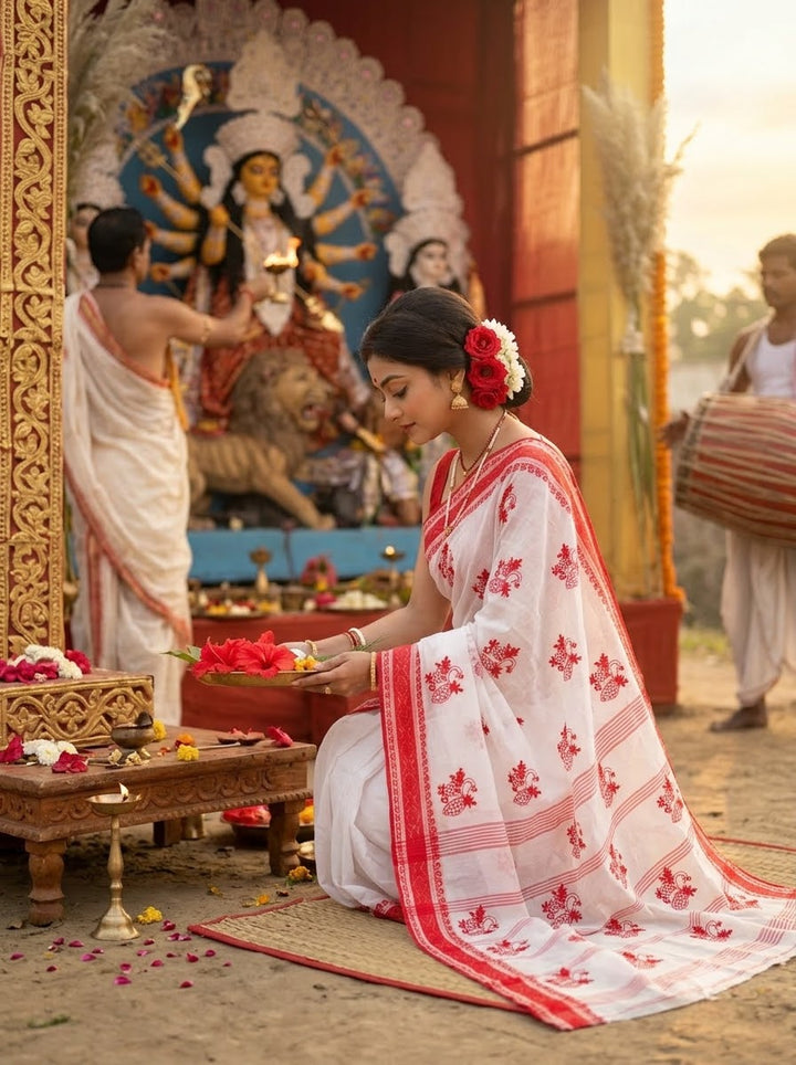 Ashtami Tangail Tant Cotton Saree (Peacock Embroidery)