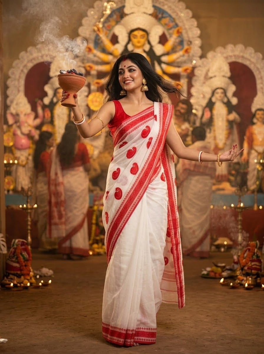 Ashtami Tangail Tant Cotton Saree (Paisley Embroidery)