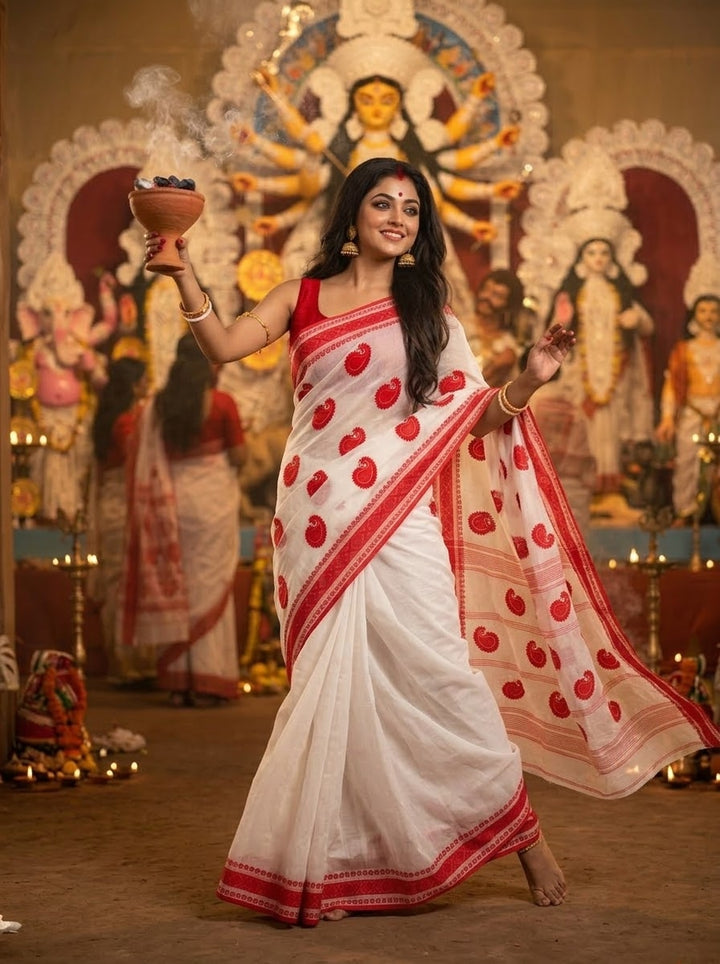 Ashtami Tangail Tant Cotton Saree (Paisley Embroidery)