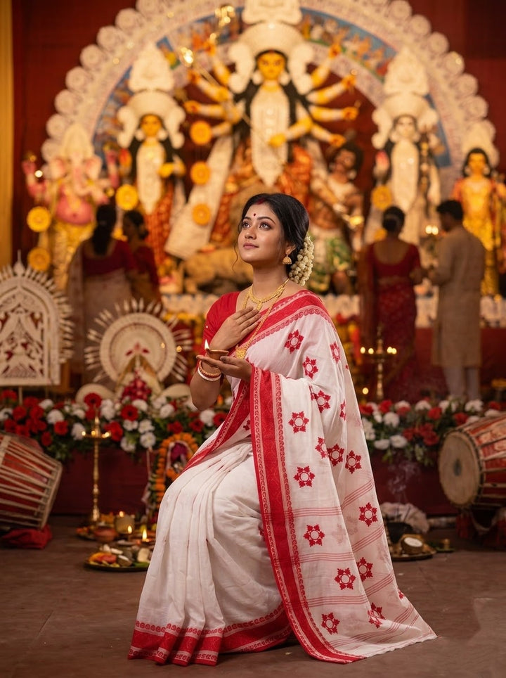 Ashtami Tangail Tant Cotton Saree (Snow flakes Embroidery)