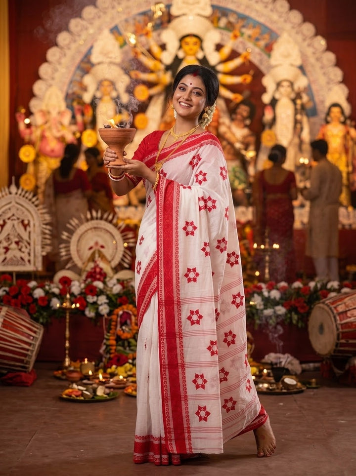 Ashtami Tangail Tant Cotton Saree (Snow flakes Embroidery)