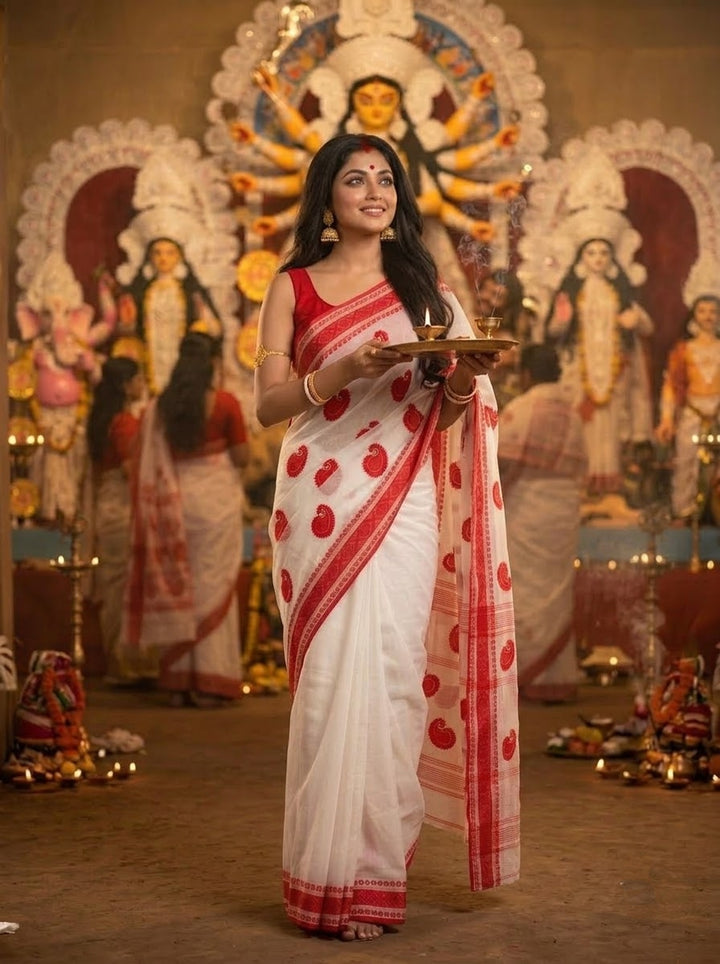 Ashtami Tangail Tant Cotton Saree (Paisley Embroidery)