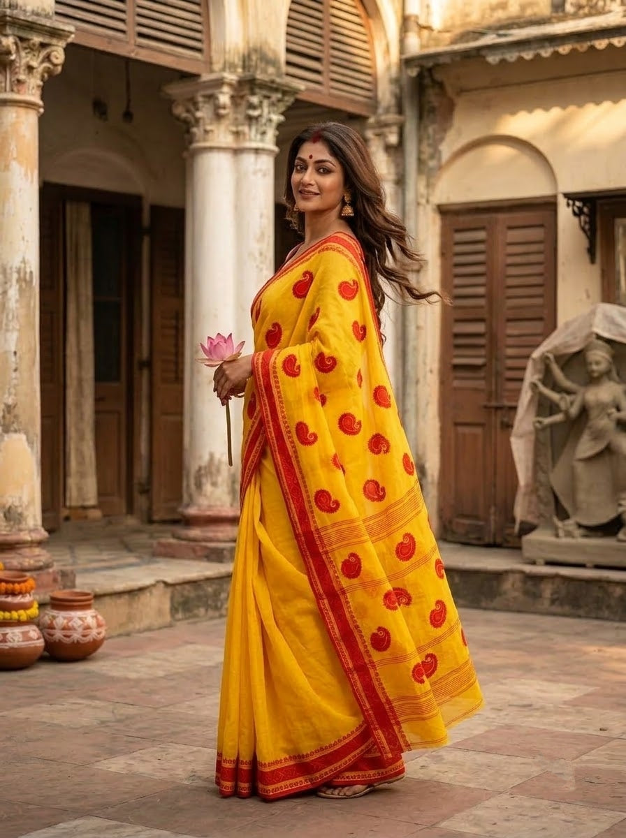 Ashtami Tangail Tant Cotton Saree (Paisley Embroidery)
