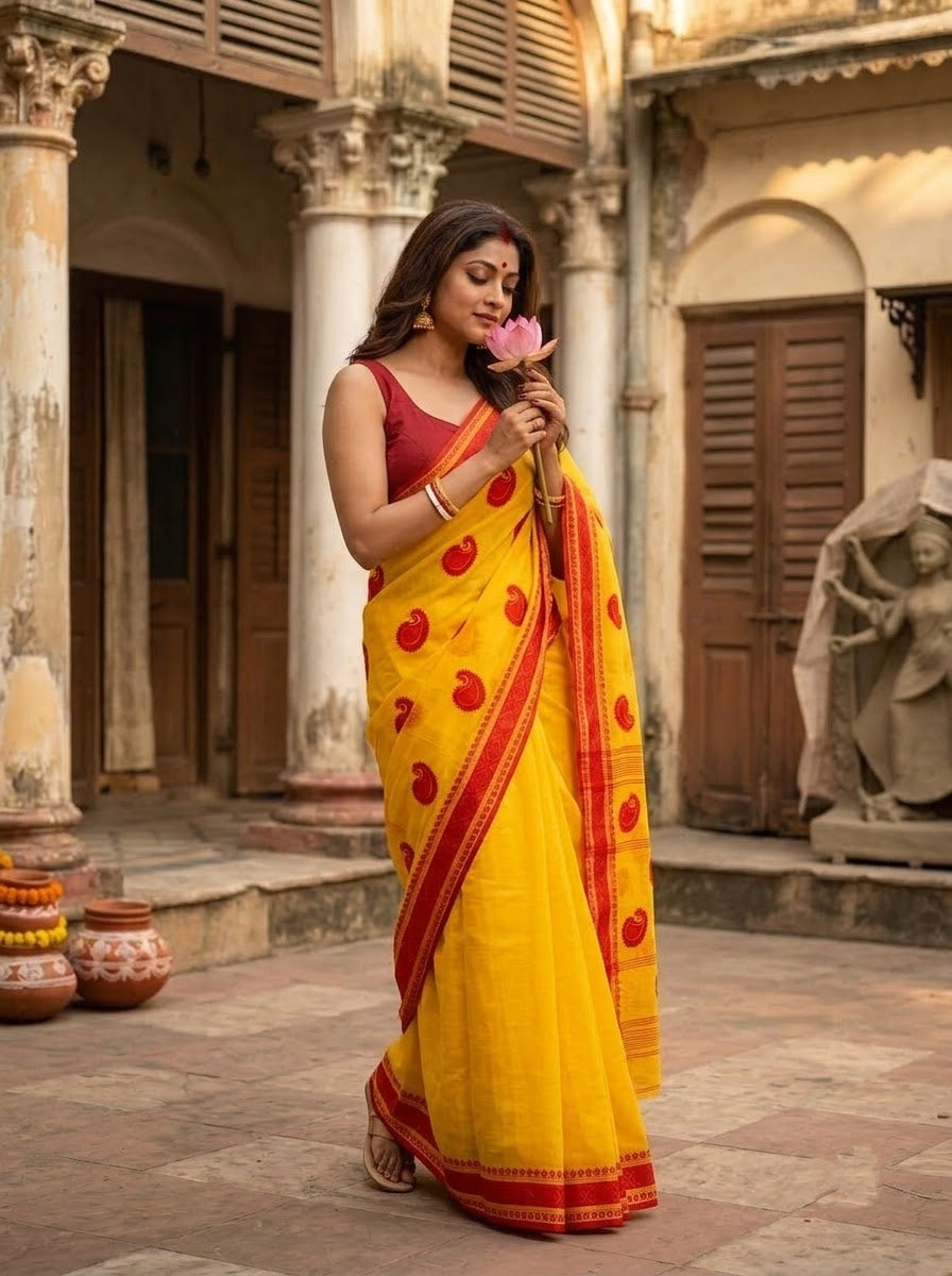 Ashtami Tangail Tant Cotton Saree (Paisley Embroidery)