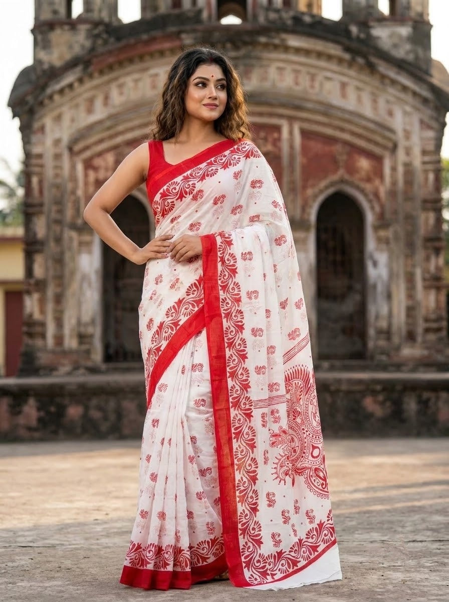 Sharod Shree Mul Cotton Saree with Print Work