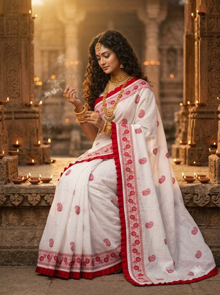Devi Darshan Khadi Cotton Embroidered Saree
