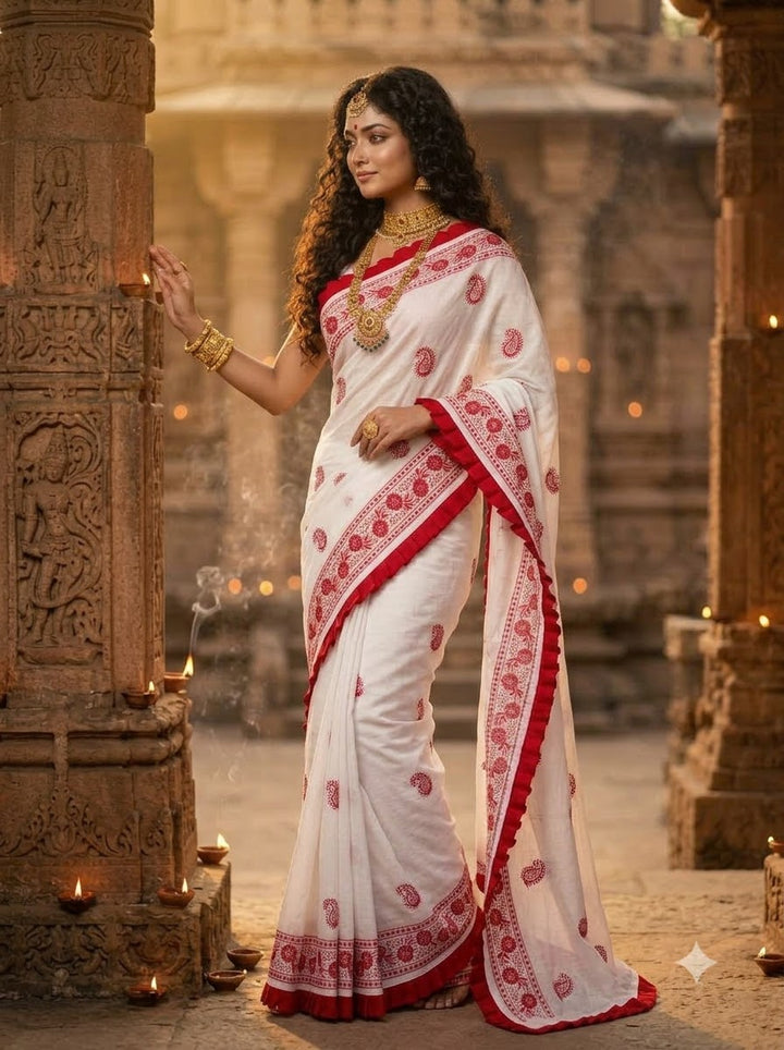 Devi Darshan Khadi Cotton Embroidered Saree