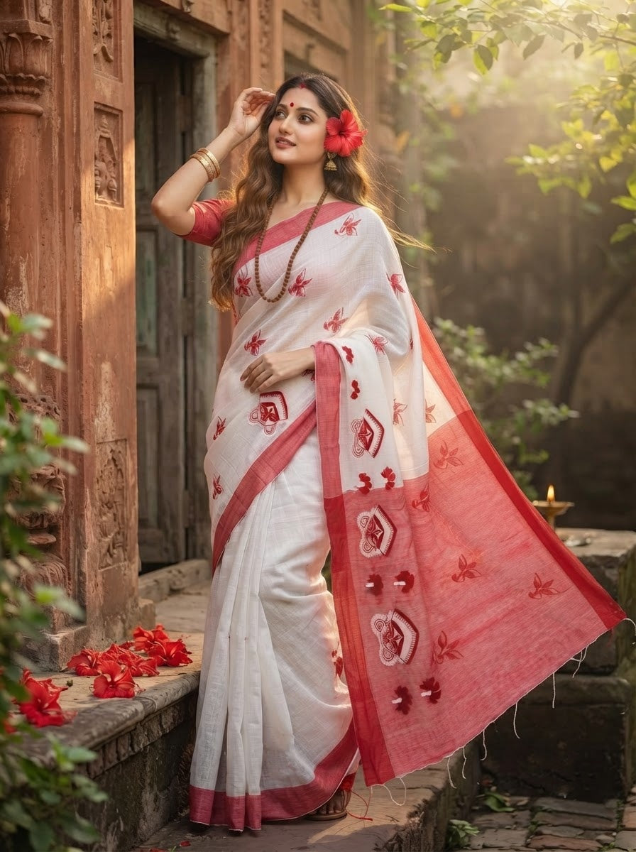 Agomoni Sur (আগমনী সুর)Cotton ( Semi) Saree with Embroidered Work