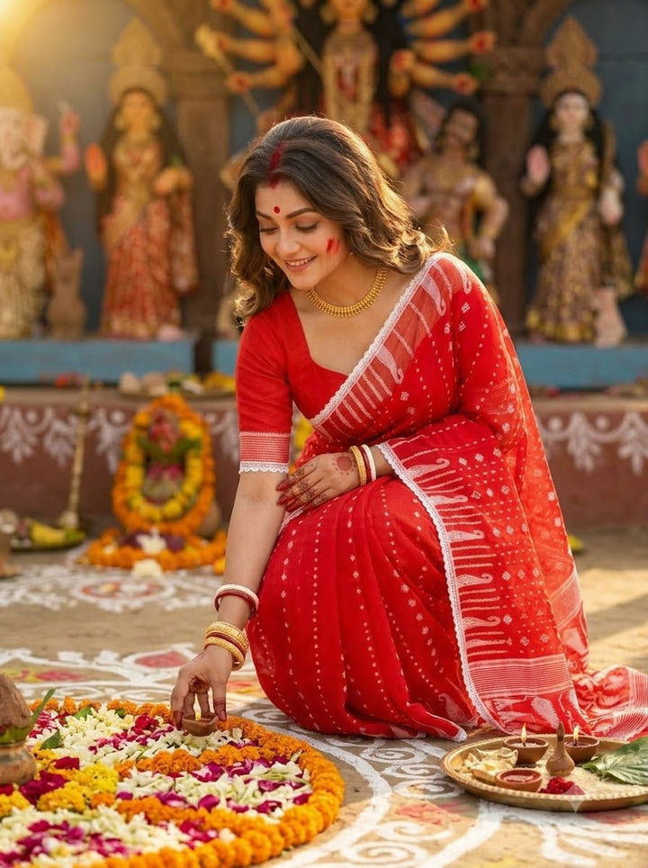 Binodini Bengal Jamdani Saree ( Red and white )
