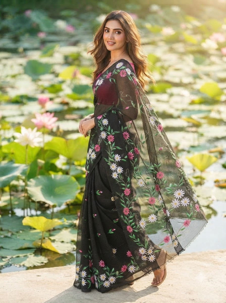Black Bloom Reshom Kota Saree With Embroidery work