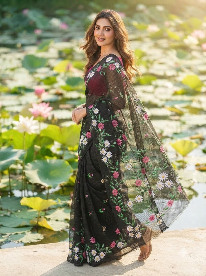 Black Bloom Reshom Kota Saree With Embroidery work