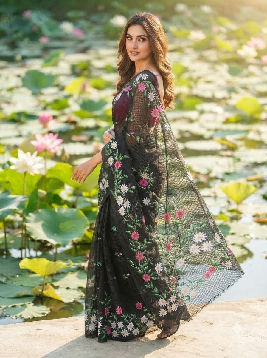 Black Bloom Reshom Kota Saree With Embroidery work