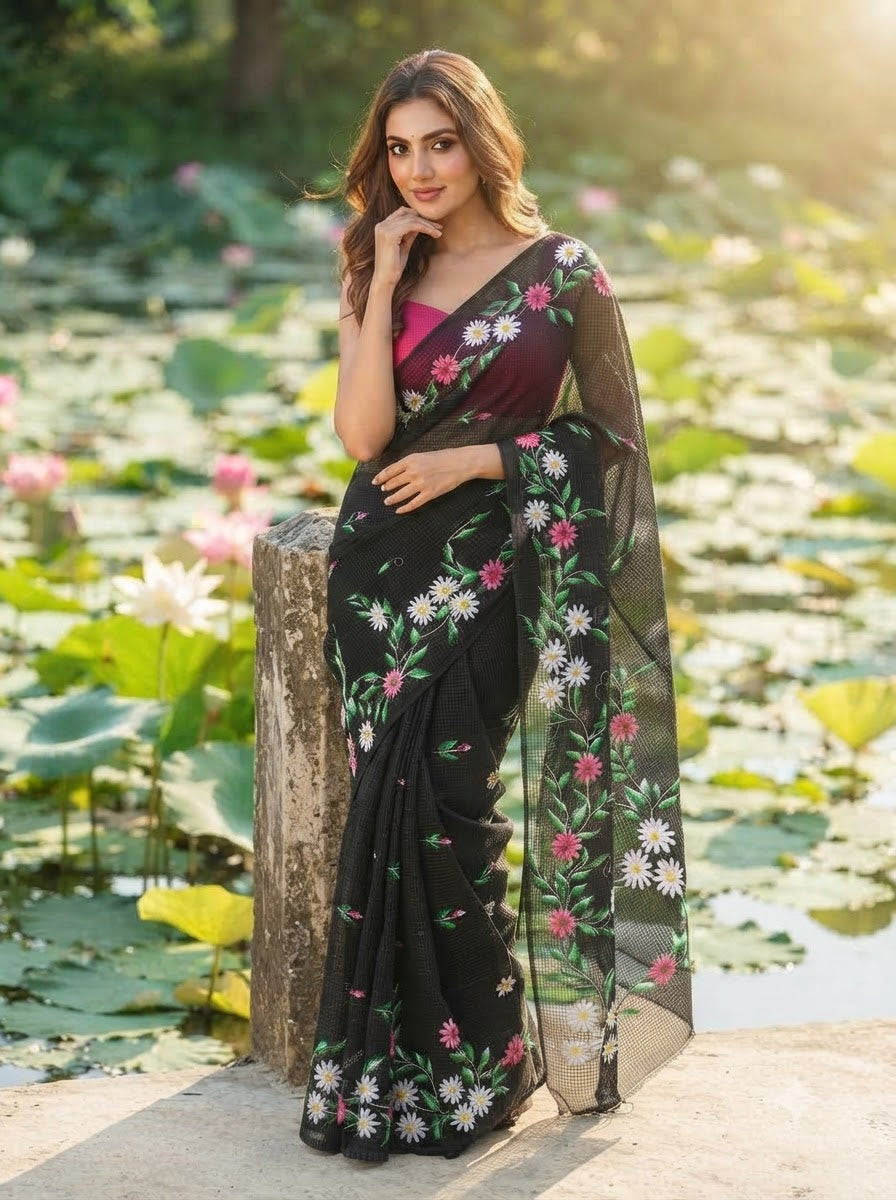 Black Bloom Reshom Kota Saree With Embroidery work