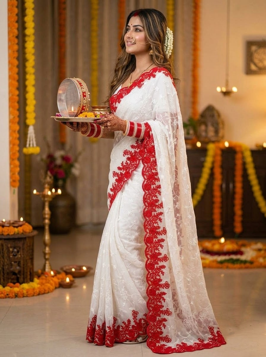 Chosen for Forever – Floral Embroidered Georgette Silk Saree