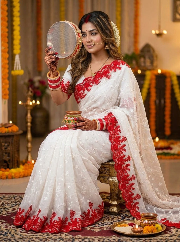 Chosen for Forever – Floral Embroidered Georgette Silk Saree