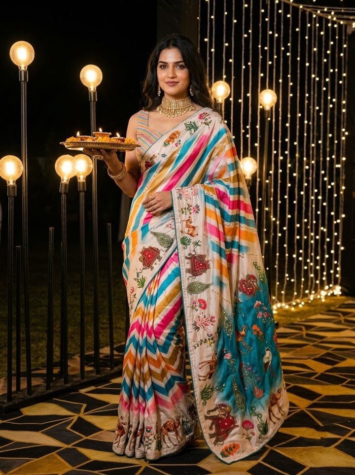 Dreamscape – Chinnon Silk Digital Print Mirrorwork Saree