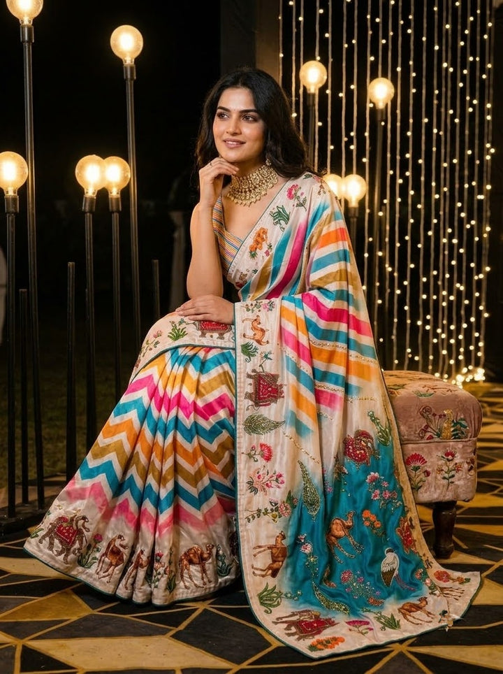 Dreamscape – Chinnon Silk Digital Print Mirrorwork Saree