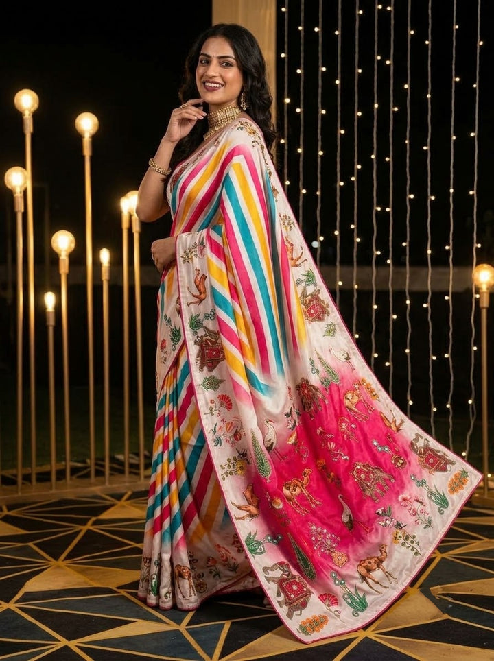 Dreamscape – Chinnon Silk Digital Print Mirrorwork Saree