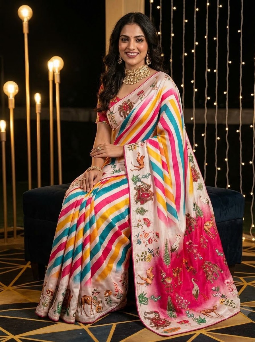 Dreamscape – Chinnon Silk Digital Print Mirrorwork Saree