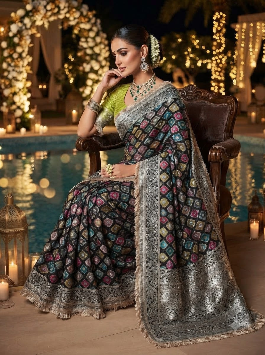 Celestial Splendour Satin Silk Mirrorwork Saree