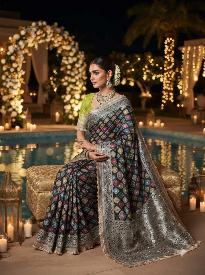 Celestial Splendour Satin Silk Mirrorwork Saree