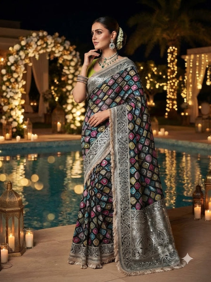 Celestial Splendour Satin Silk Mirrorwork Saree