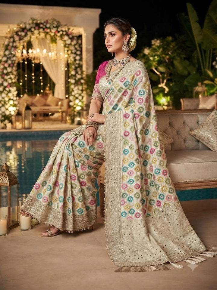 Celestial Splendour Satin Silk Mirrorwork Saree