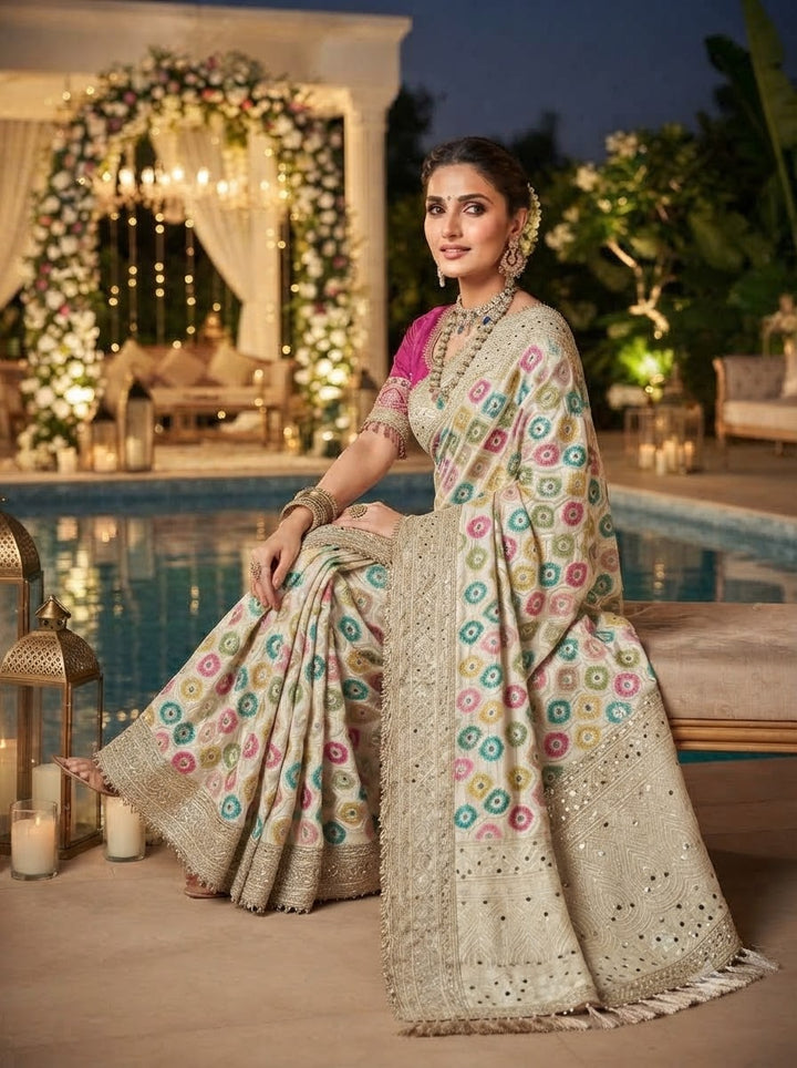 Celestial Splendour Satin Silk Mirrorwork Saree