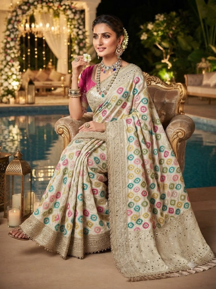 Celestial Splendour Satin Silk Mirrorwork Saree