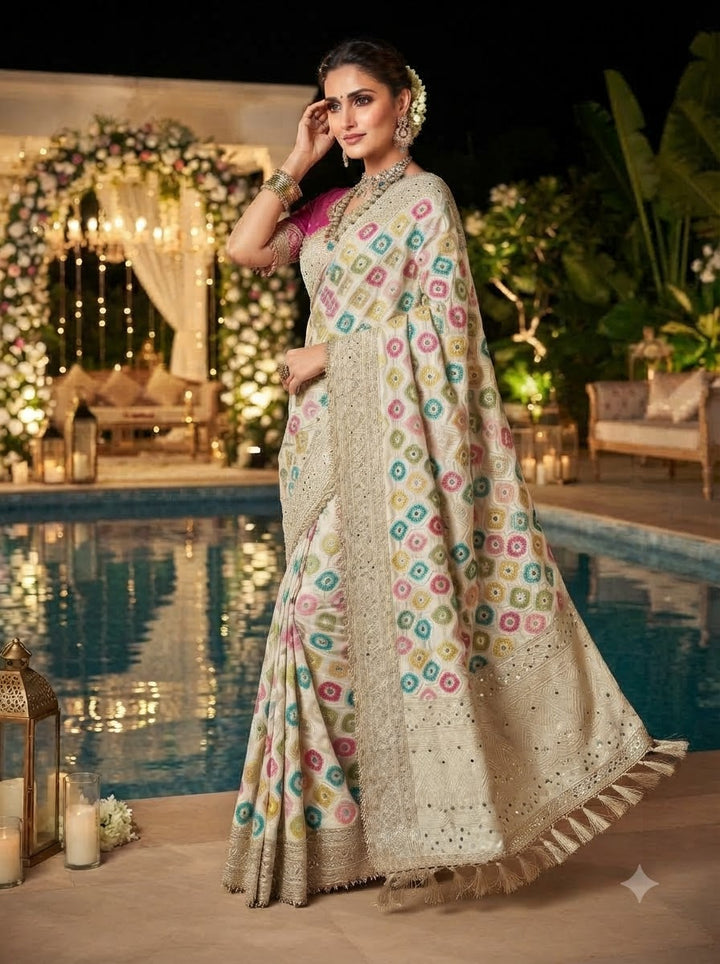Celestial Splendour Satin Silk Mirrorwork Saree