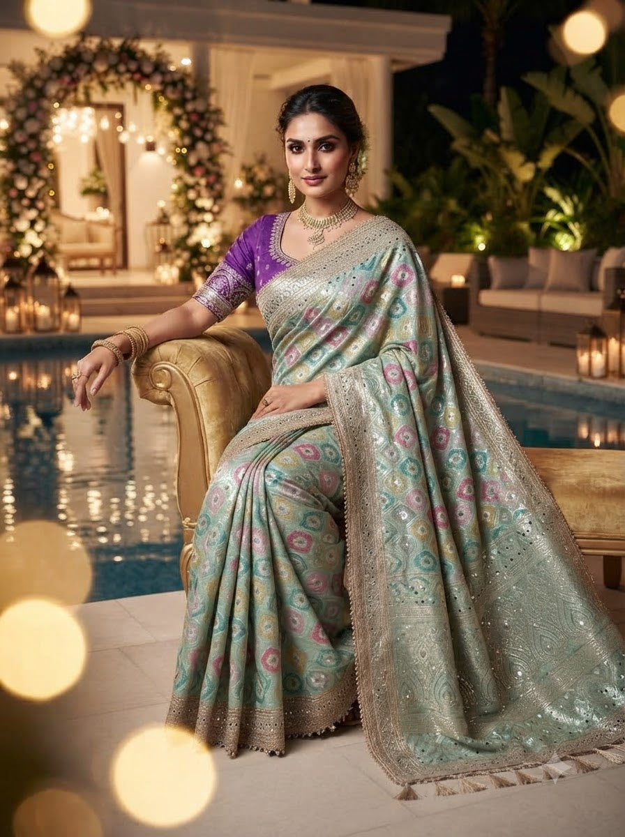 Celestial Splendour Satin Silk Mirrorwork Saree