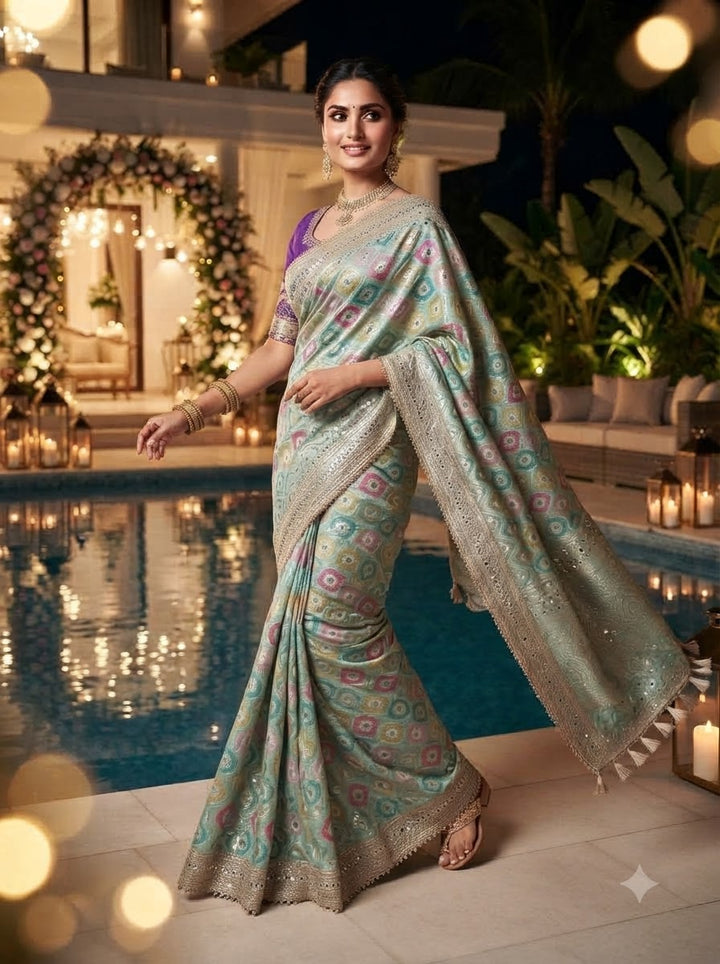 Celestial Splendour Satin Silk Mirrorwork Saree