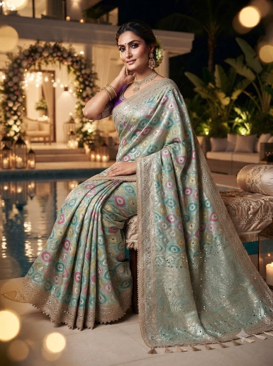 Celestial Splendour Satin Silk Mirrorwork Saree