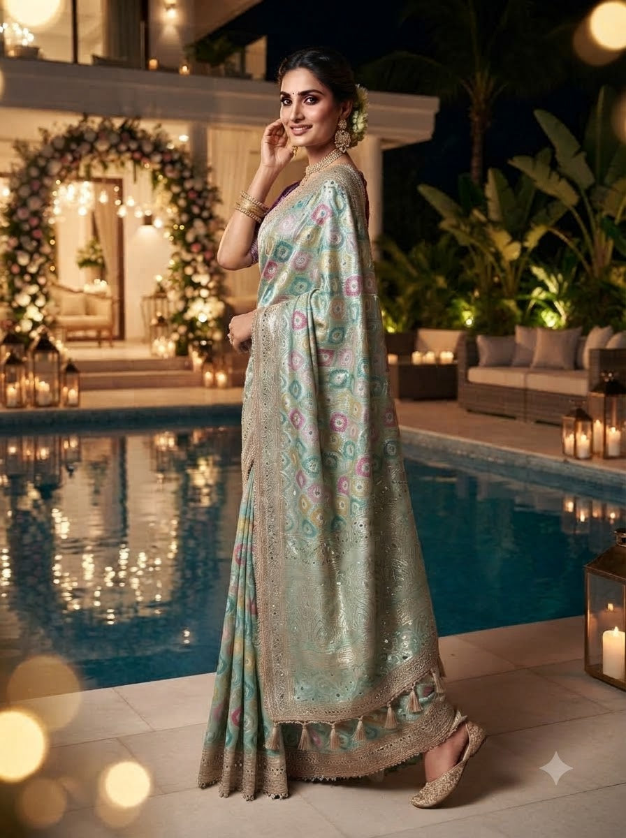 Celestial Splendour Satin Silk Mirrorwork Saree