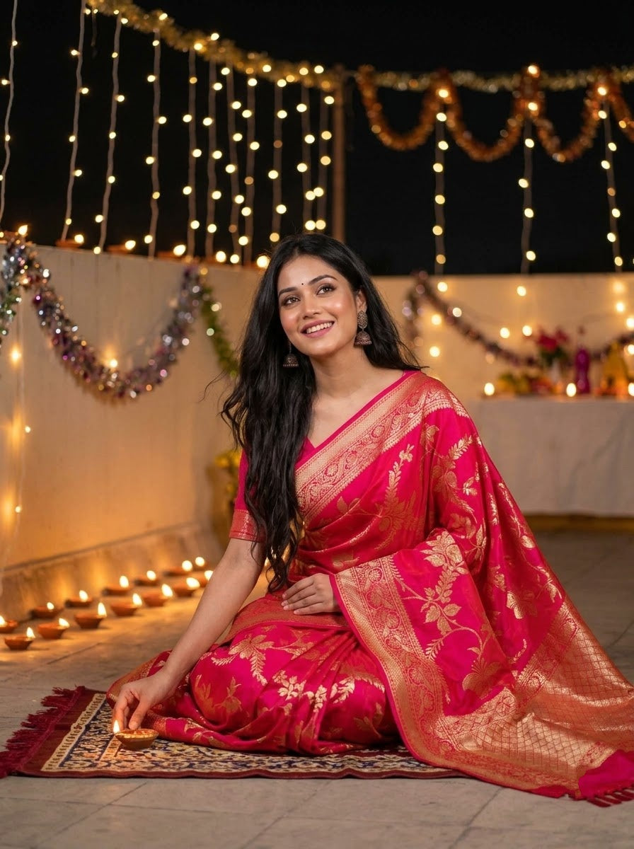 Red Chandini Banarasi Silk Saree