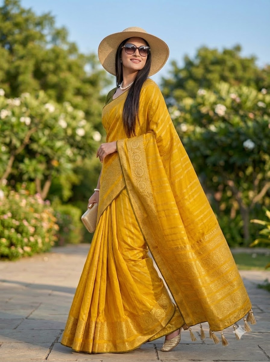 Evelyn in Gold Georgette Silk Saree