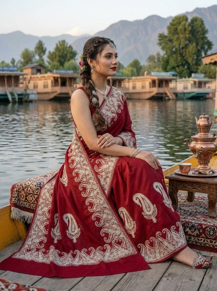 Kashmiri Embroidered Red Saree