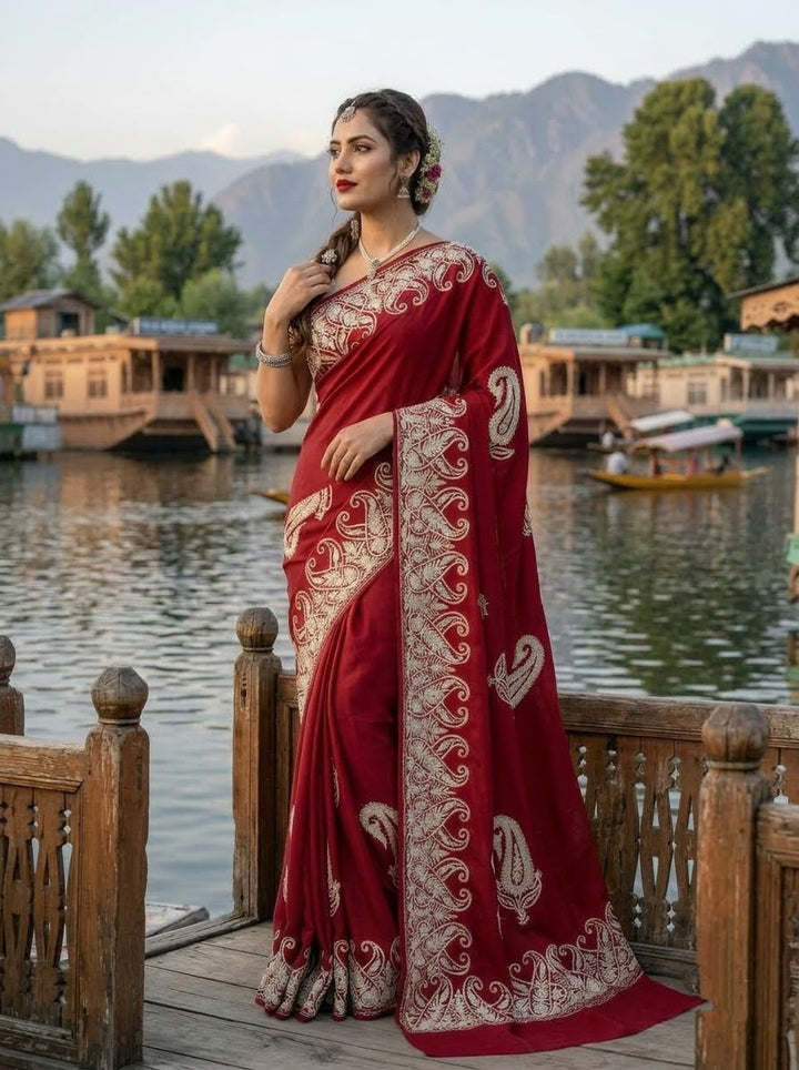 Kashmiri Embroidered Red Saree
