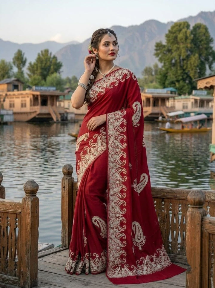 Kashmiri Embroidered Red Saree
