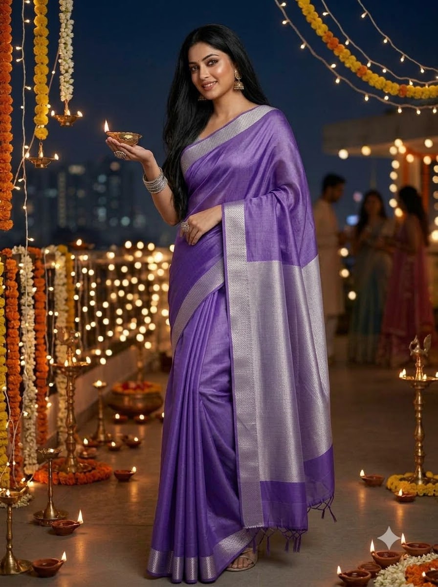 Vibgyor Violette Pure Handwoven Tissue Linen Saree