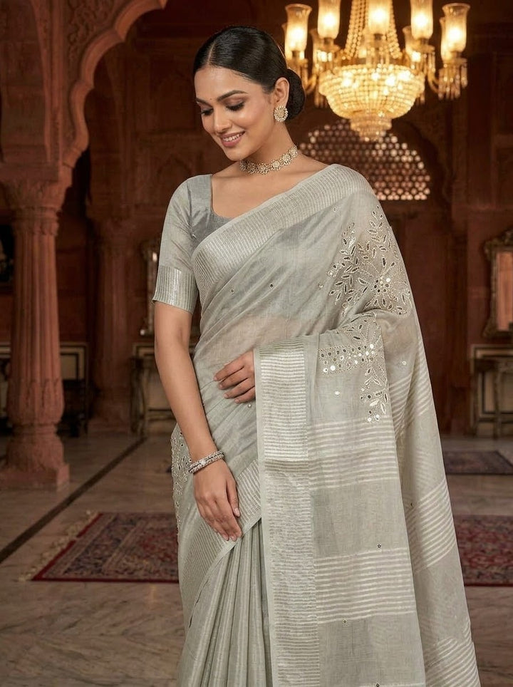 Tree Of Life (Pure Silver Tissue Linen Saree)