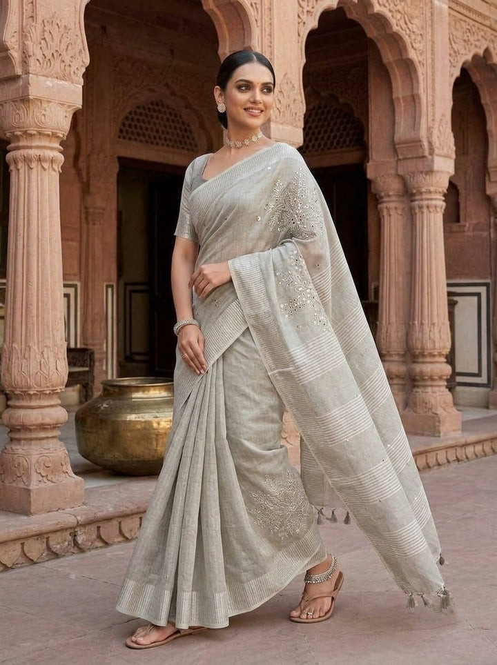 Tree Of Life (Pure Silver Tissue Linen Saree)