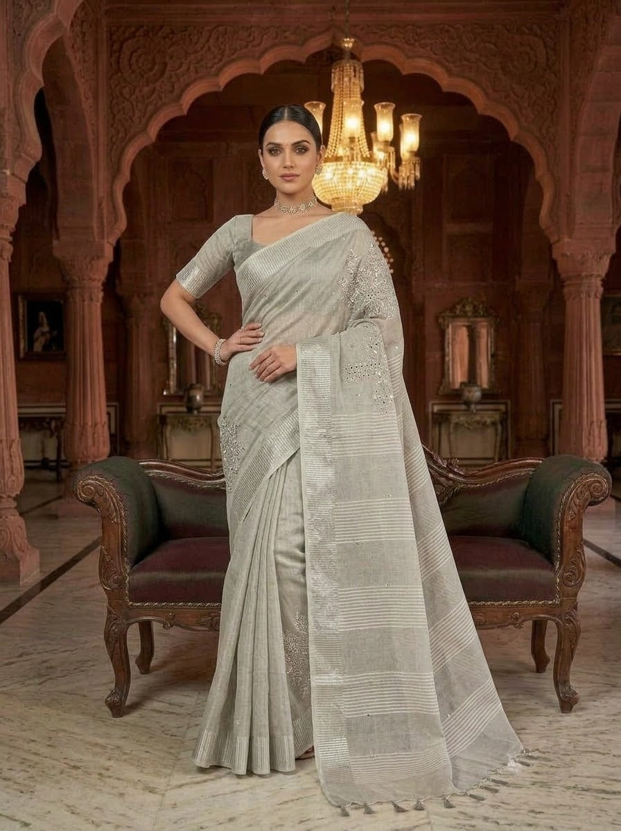 Tree Of Life (Pure Silver Tissue Linen Saree)