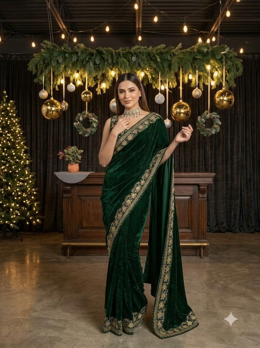 Silence of Luxury Viscose Velvet Sequin Embroidered Saree