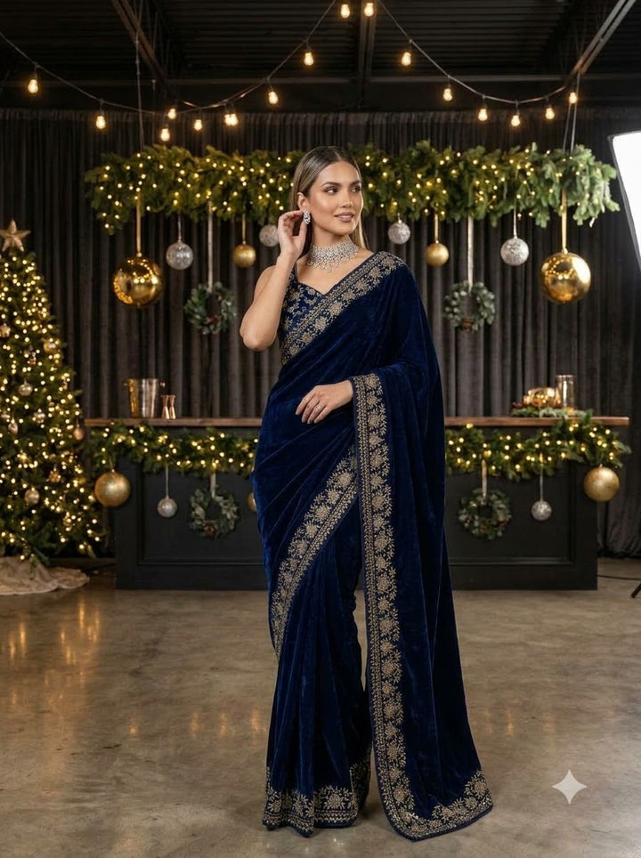 Silence of Luxury Viscose Velvet Sequin Embroidered Saree